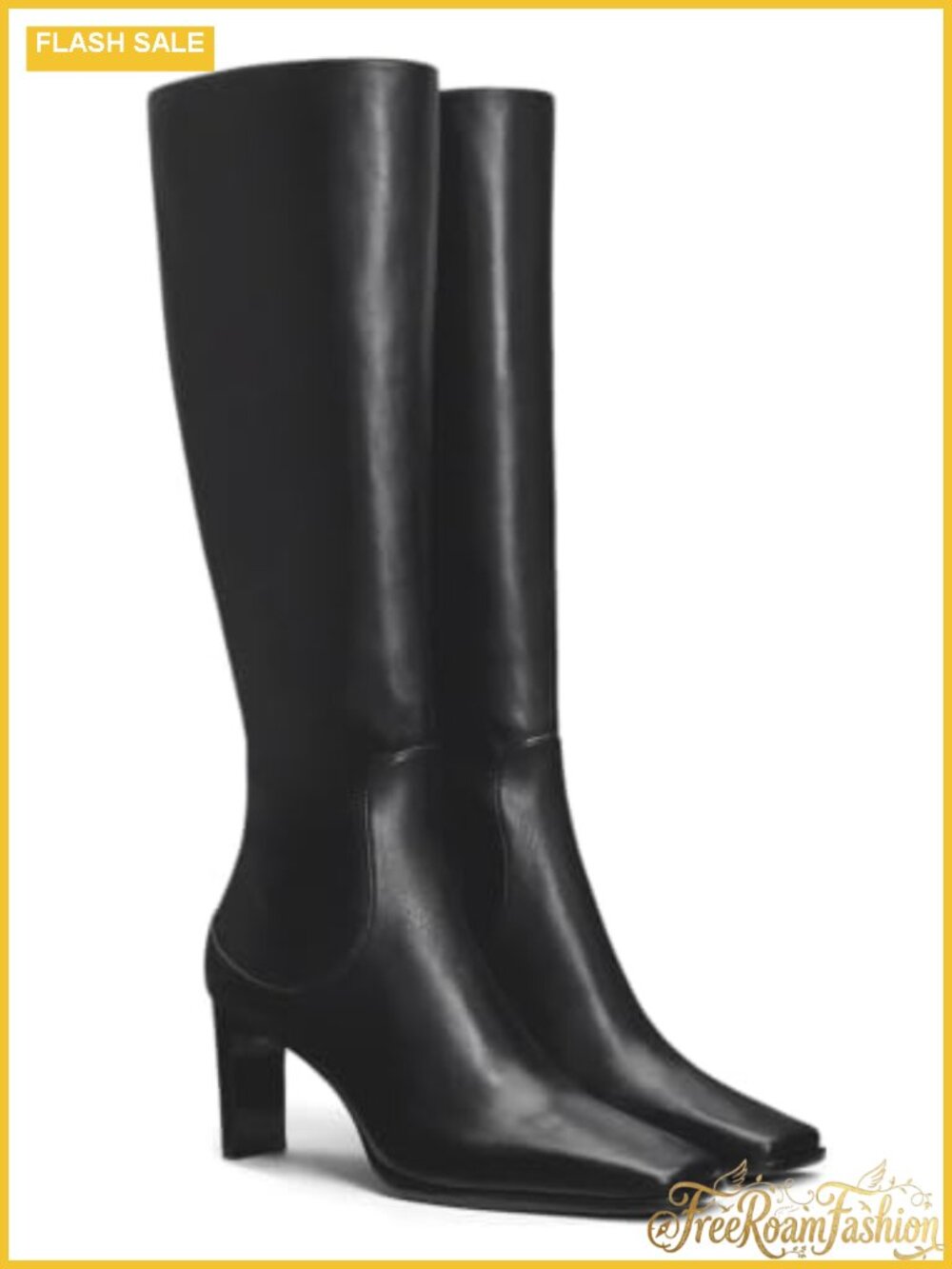 Square Toe Knee High Boots Chunky Heel Faux Leather Dress Boots